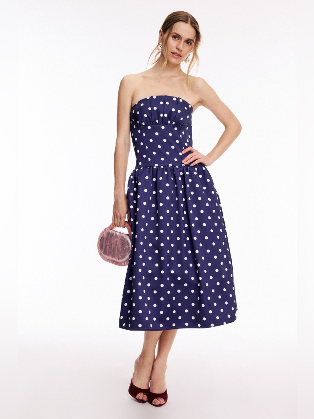 Self-Portrait Navy Blue and White Polka Dot Strapless Midi Dress